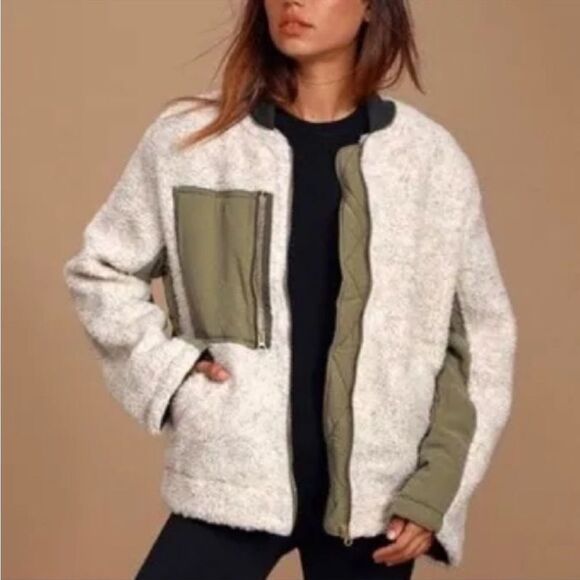 Free People Rivington Sherpa Jacket In Olive Green & Ivory - Picture 1 of 6